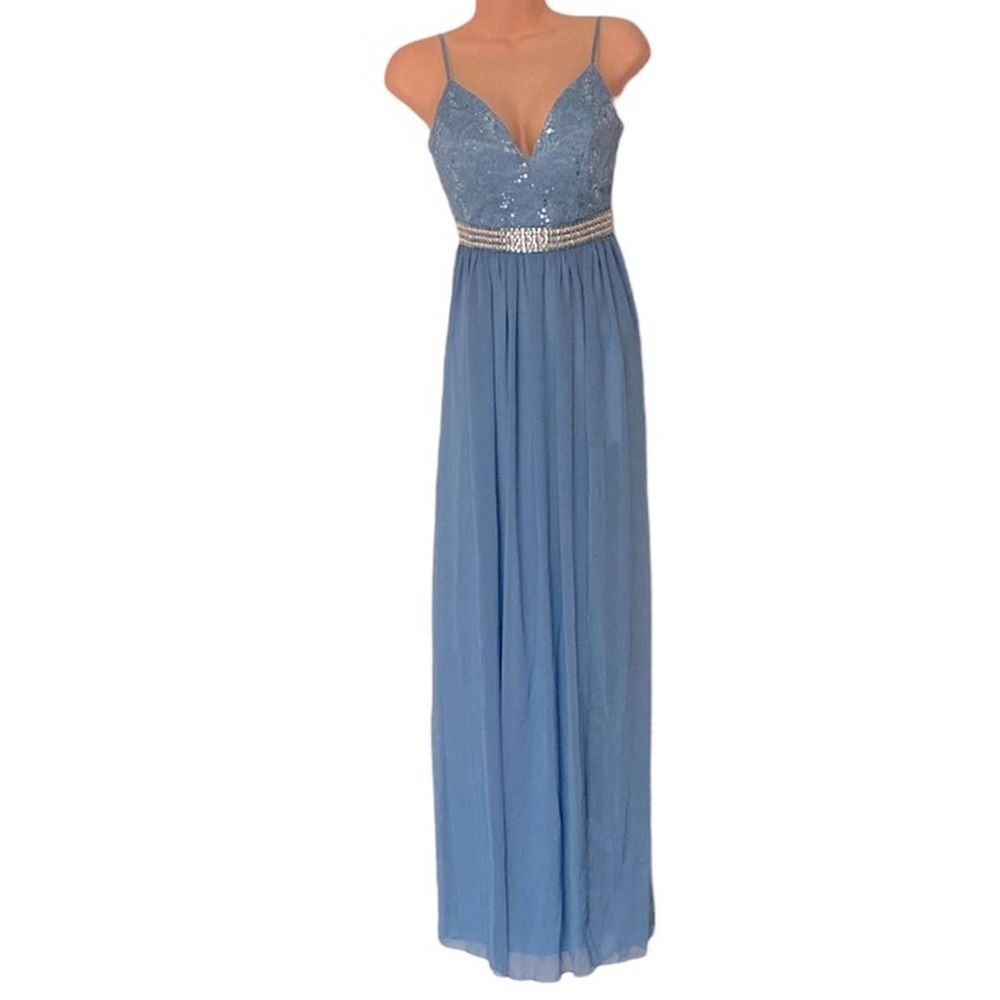 Emerald Sundae Chiffon Lace Wedding Guest Slitted Blue Gown Maxi Prom Dress - Picture 3 of 12